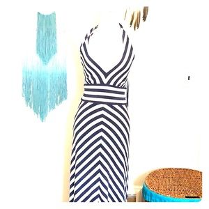 Navy and white halter maxi dress